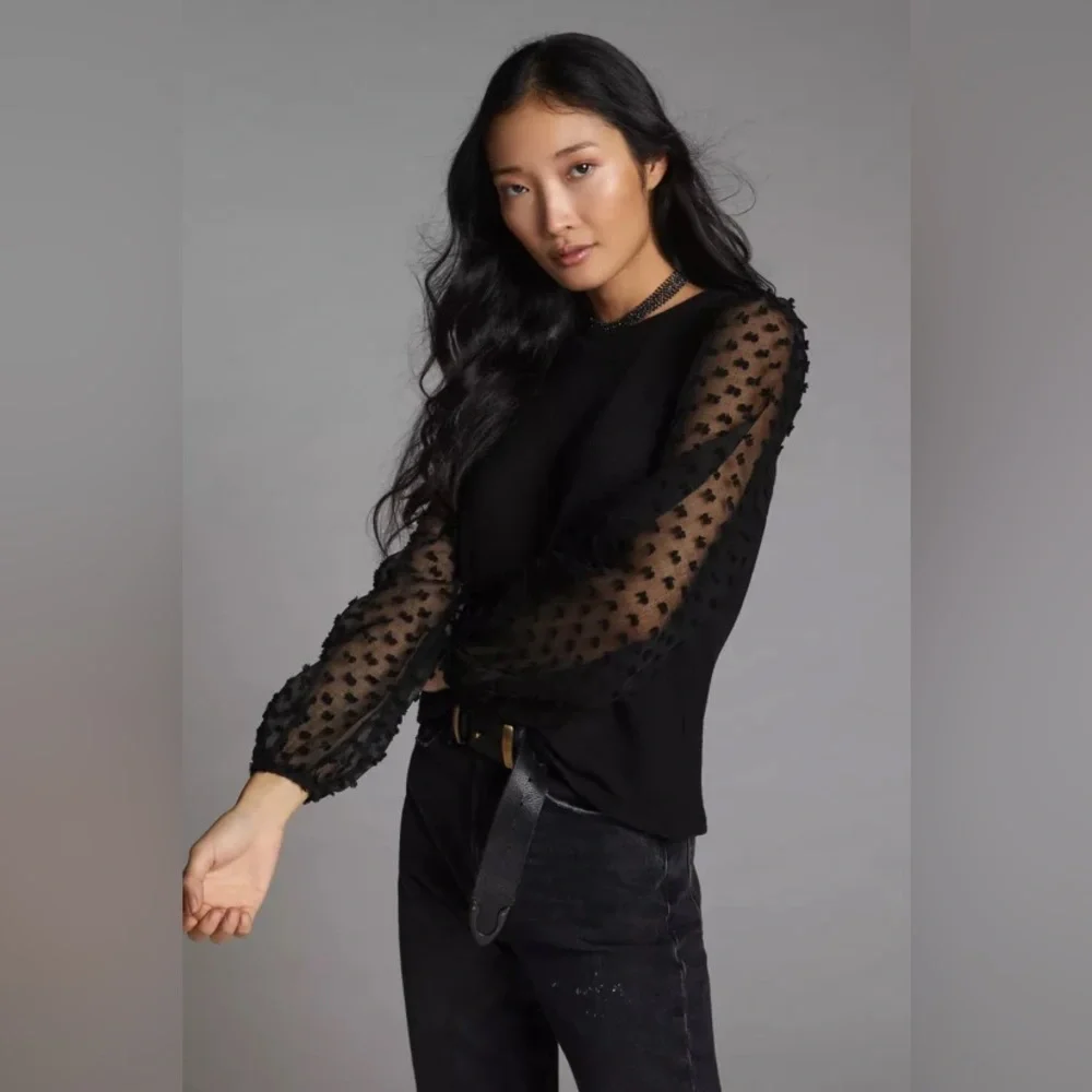 Anthropologie Maeve Textured Sleeve Top Black Sheer Swiss Dot Sleeves Large